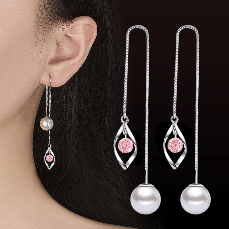 

925 Sterling Silver New Women's Fashion Jewelry Ear Line Zircon Crystal Heart-shaped Long Tassel Hollow Retro Earrings
