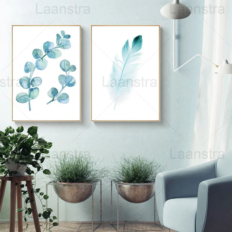 

Plant Leaf Home Decoration Painting Blue Light Feeling Feather Living Room Wall Canvas Art Poster Lavender Bouquet Bedroom Print