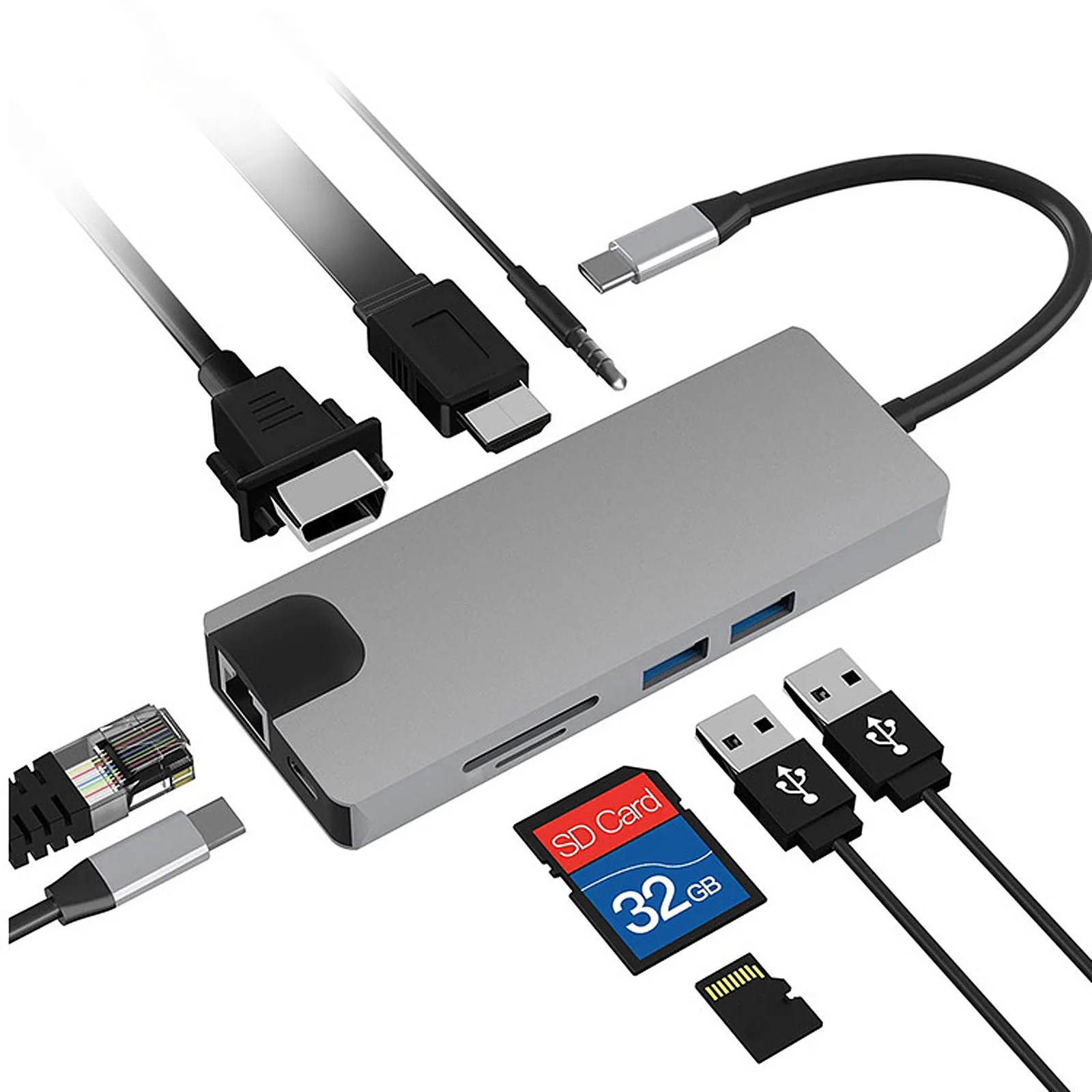 Док станция 9 в 1 с разными портами USB Type C и поддержкой разрешения 4K HD 1080P VGA RJ45 3 0 5