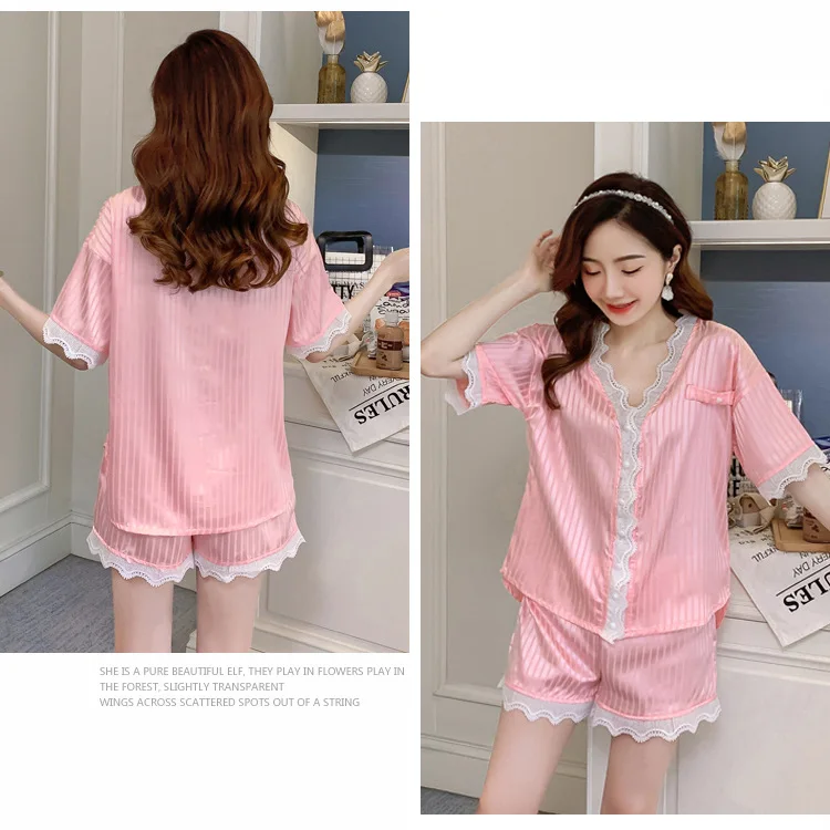 Summer Women's Pajamas Sets Ice Silk Solid Sexy Nightwear V-Neck Lace Short Sleeve Nightgown Home Wear Sleepwear Loungewear