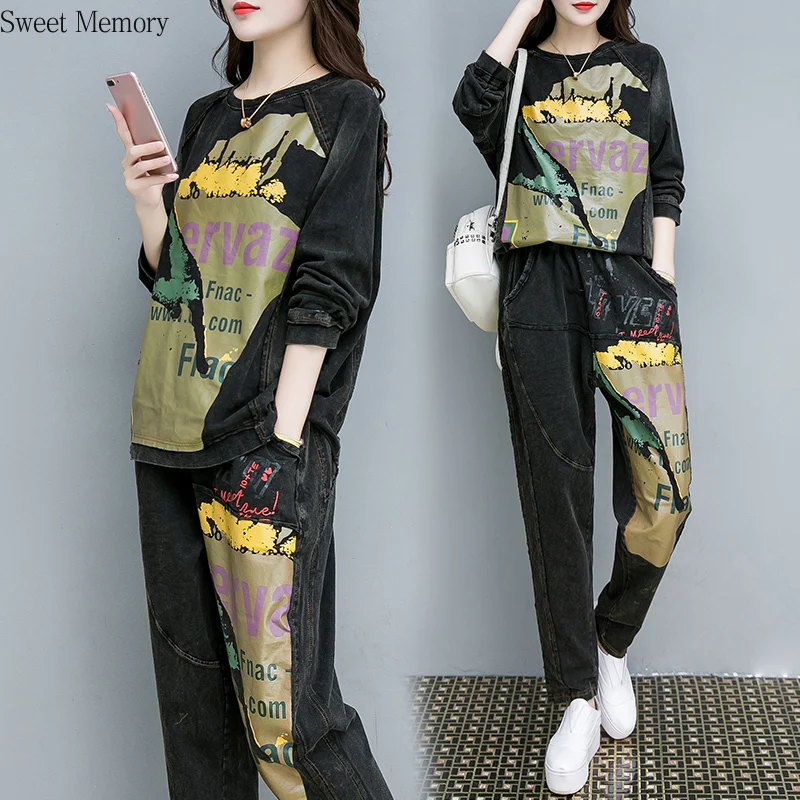 

2021 Sweet Memory Women Spring Winter Plus Size Loose Letters Printed Tops+jeans Suits Female Vintage Two-piece Sets