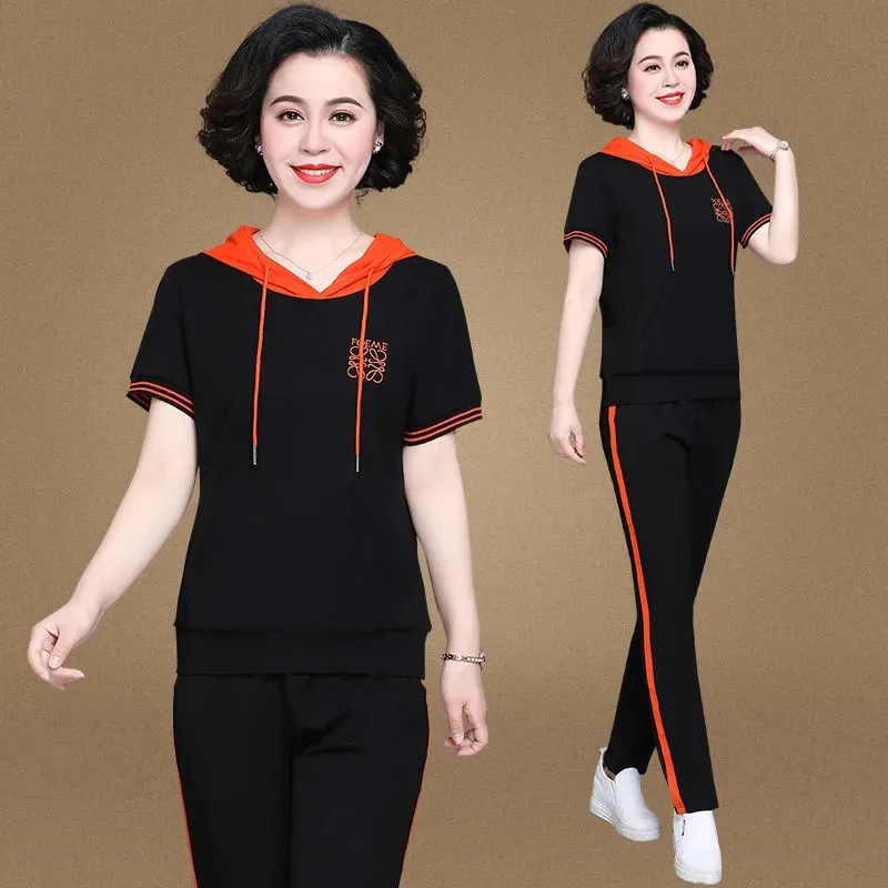 

Middle-Aged Mom Tracksuit Loose Plus Size Suit Fashion Hooded Short Sleeves Top Summer Pant Casual Spliced Two Piece Set Women