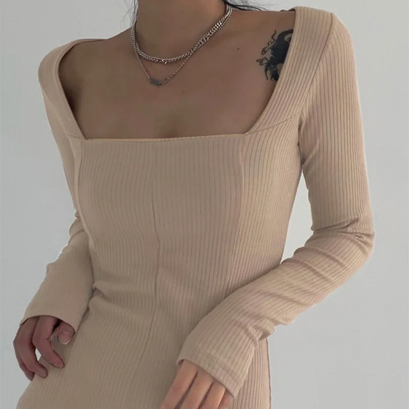 Elegant Square Neck Ribbed Female Dress Knitted Side Split Bodycon Women Long Sleeve Fashion Mini Dresses Basic Robe New | Женская