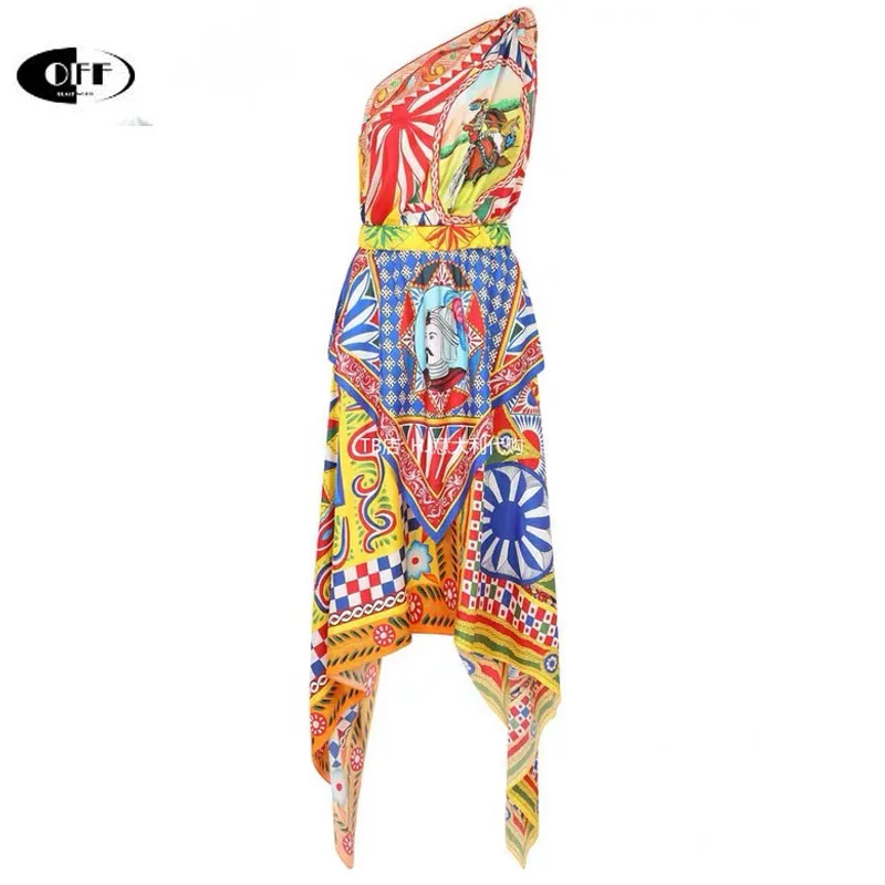 

Designer Runway Vintage Printed Midi Long Dress Fashion Traf One Off Shouder Sexy Party Night Evening Women Dresses Femme Robes