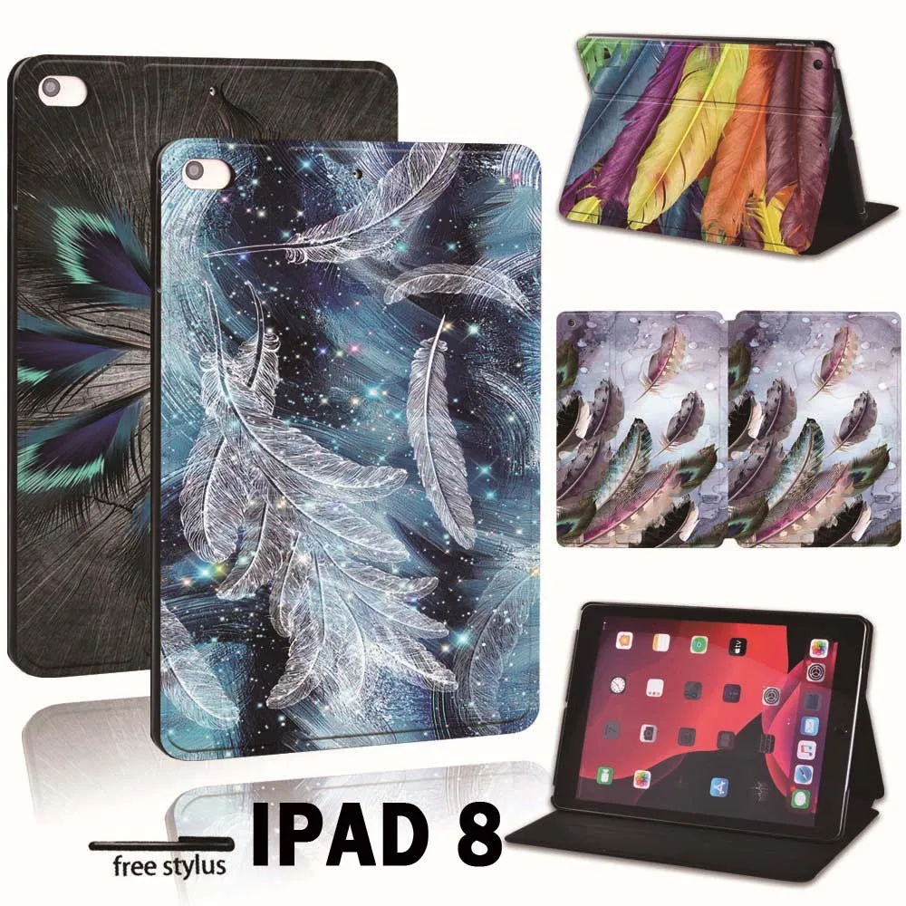 

For Apple iPad 8 10.2" 2020 (8th 8 Generation) A2428 A2429 PU Leather Smart Tablet Stand Folio Cover Various feather Case