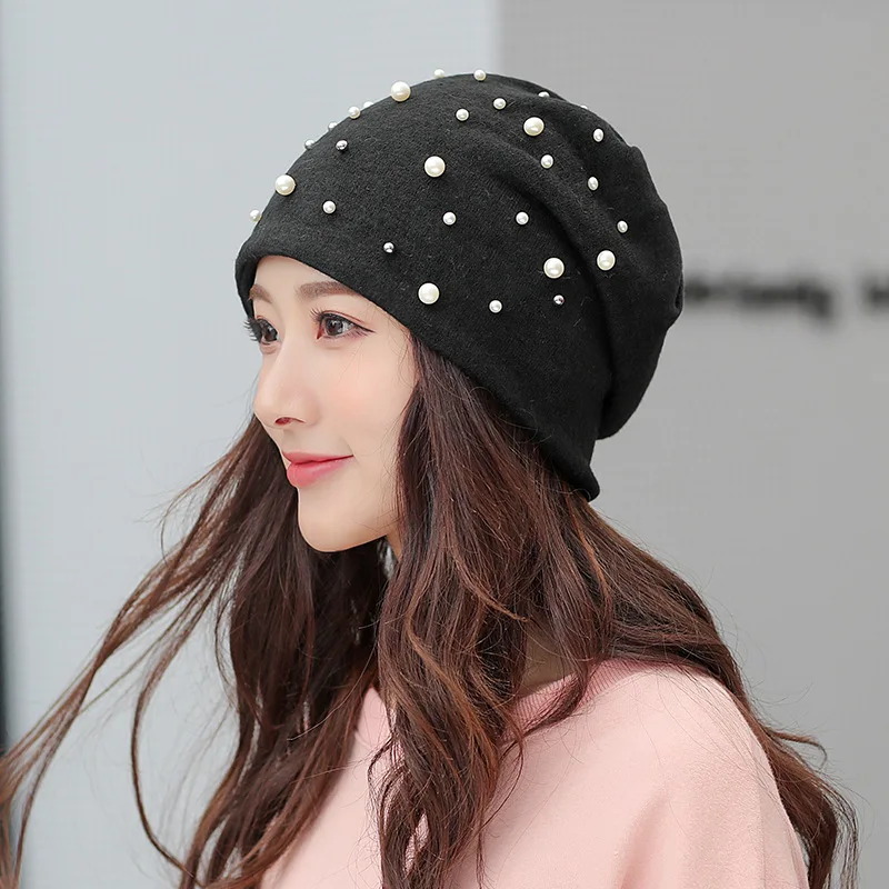 

Casual Pearl Diamond Hat Ladies Knitted Girl Beanie Skull Loose Cotton Spring This Year's Popular