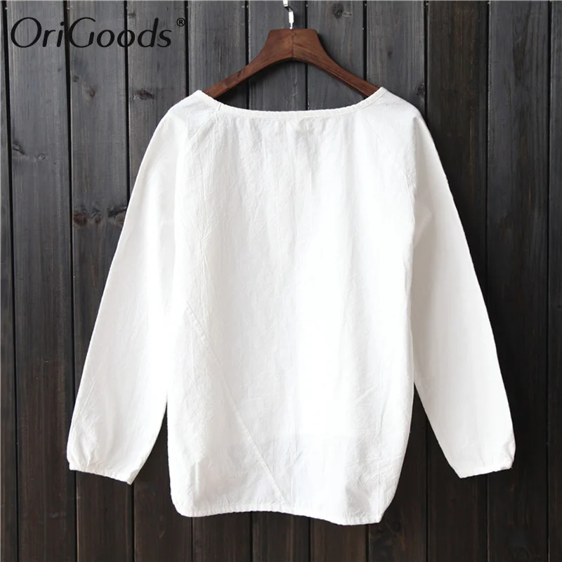 Женская хлопковая льняная блузка с круглым вырезом и длинным рукавом|blusas plus|women