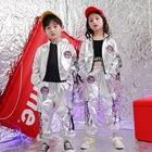 Новые детские костюмы для джазовых танцев в стиле хип-хоп, куртка с длинными рукавами и штаны из искусственной кожи серебристого цвета, костюм для танцев на улице
