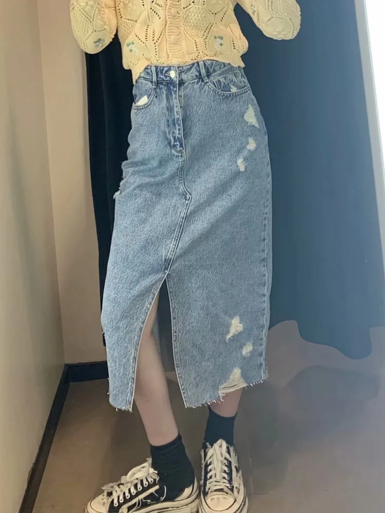 

spring new women's clothing. Split denim bag hip midi skirt