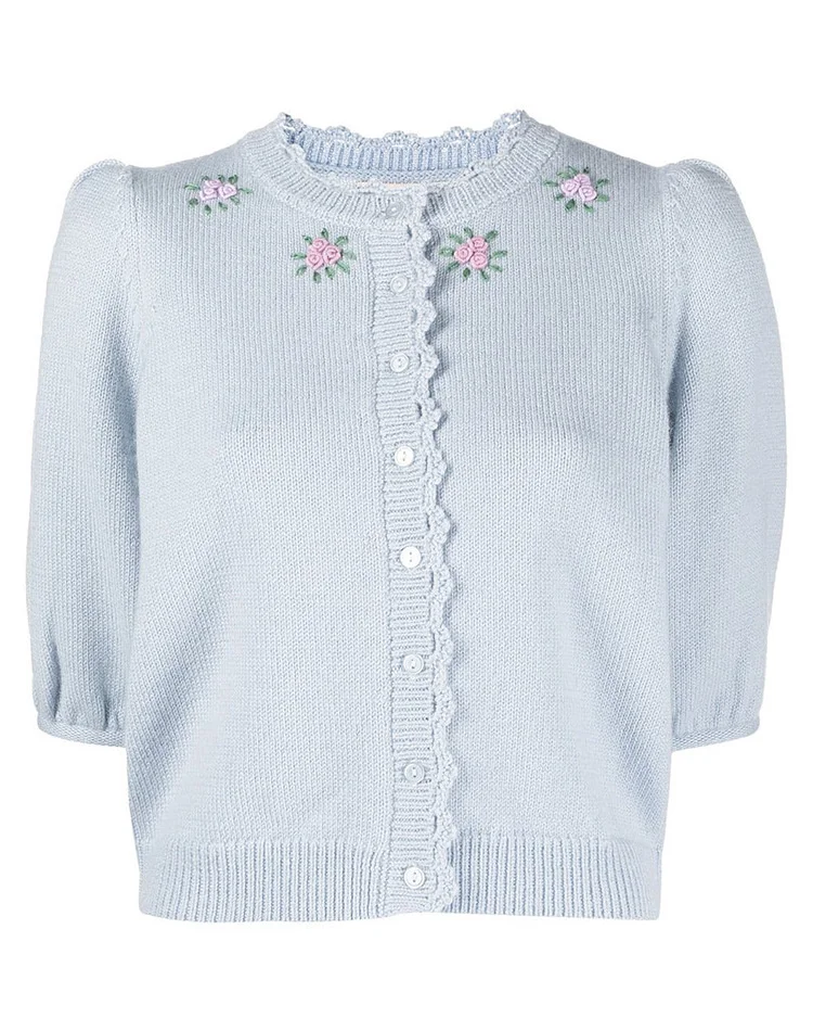 

Nordic minority design ~ flower embroidery French classical short sleeve knitted cardigan