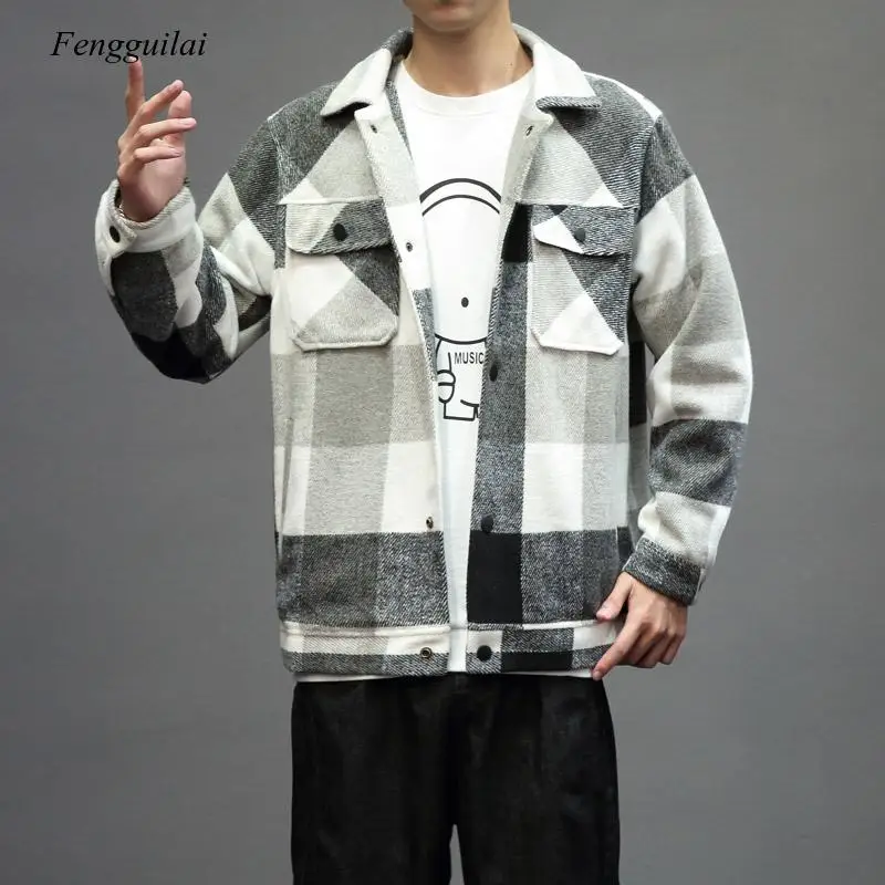 

Mens Winter Woollen Coat Plaid Jackets Fashion Outerwear Warm Men Casual Jacket Stereoscopic Patch Pocket Coat Plus Size M-5Xl