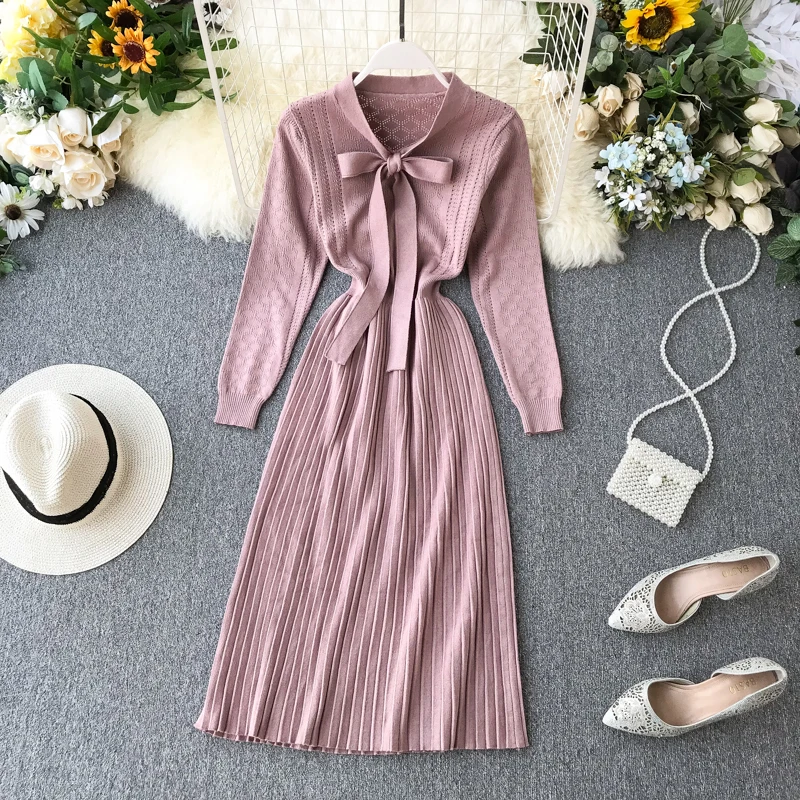 Женское винтажное платье с длинным рукавом и бантом однотонные тонкие вечерние
