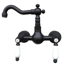 Black Oil Rubbed Brass Bathroom Kitchen Sink Basin Faucet Mixer Tap Swivel Spout Wall Mounted Dual Ceramic Handles mnf522
