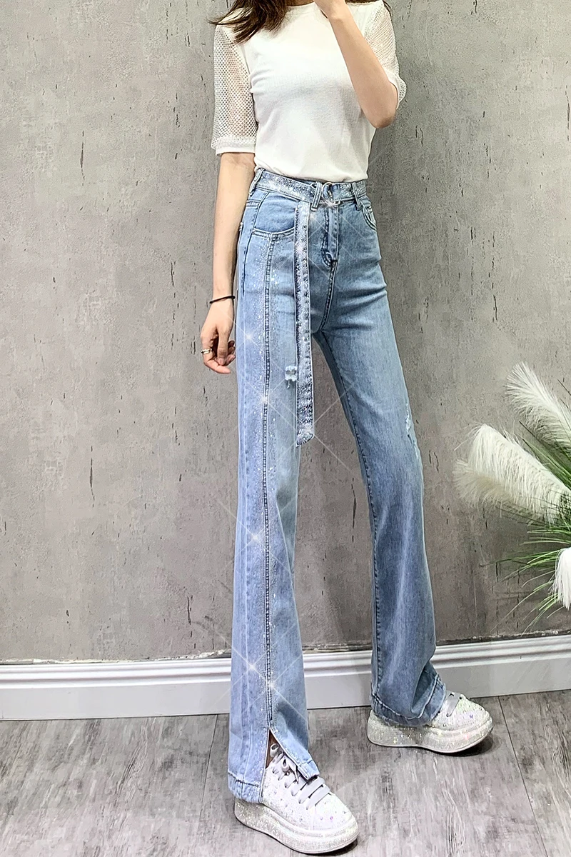 

2021 Summer New High Waist Belt Rhinestone Straight Long Blue Jeans Women's Loose Slimming Drape Split Wide Leg Pants
