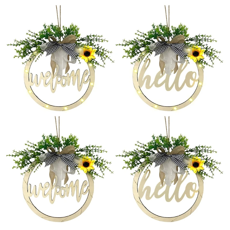 

Lights Artificial Sunflower Door Wreath Hollow Round Wood Sign Hanging Decorative Front Door Decoration for Farmhouse Porch