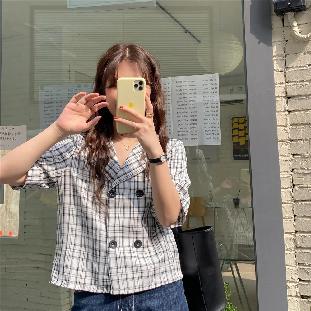 

2021Fashion Women Autumn Plaid Shirts Blouses Female Tops Sleeve Loose Casual Turn-down Collar Office Ladies T415