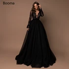 Элегантные черные платья для выпускного вечера с глубоким V-образным вырезом и длинным рукавом, кружевной лиф, вечерние платья трапециевидной формы, бархатный пояс