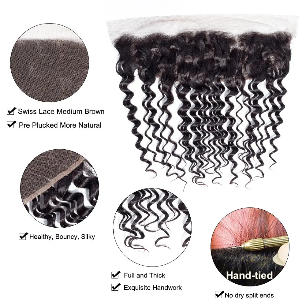 Riverwood Deep Wave Bundles With Frontal Peruvian Non Remy Human Hair Pre Plucked Lace frontal closure | Шиньоны и парики