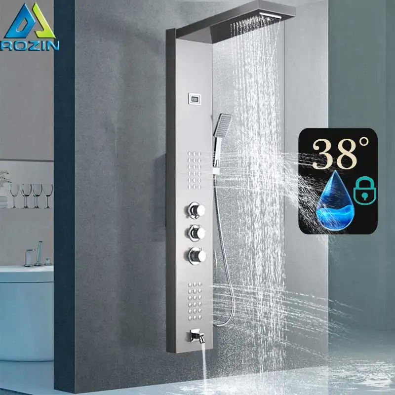 Brushed Nickel Интеллектуальная термостатическая душевая панель кран Термостатический Смеситель душевой набор водопад «тропический» душ кран система 3 ручки Ta - Цвет: Brushed Nickel
