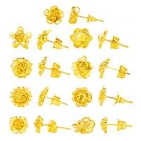 2020 new luxury brand charm authentic pure 24k yellow gold flower shape stud earrings for women daily wear gold wedding jewelry
