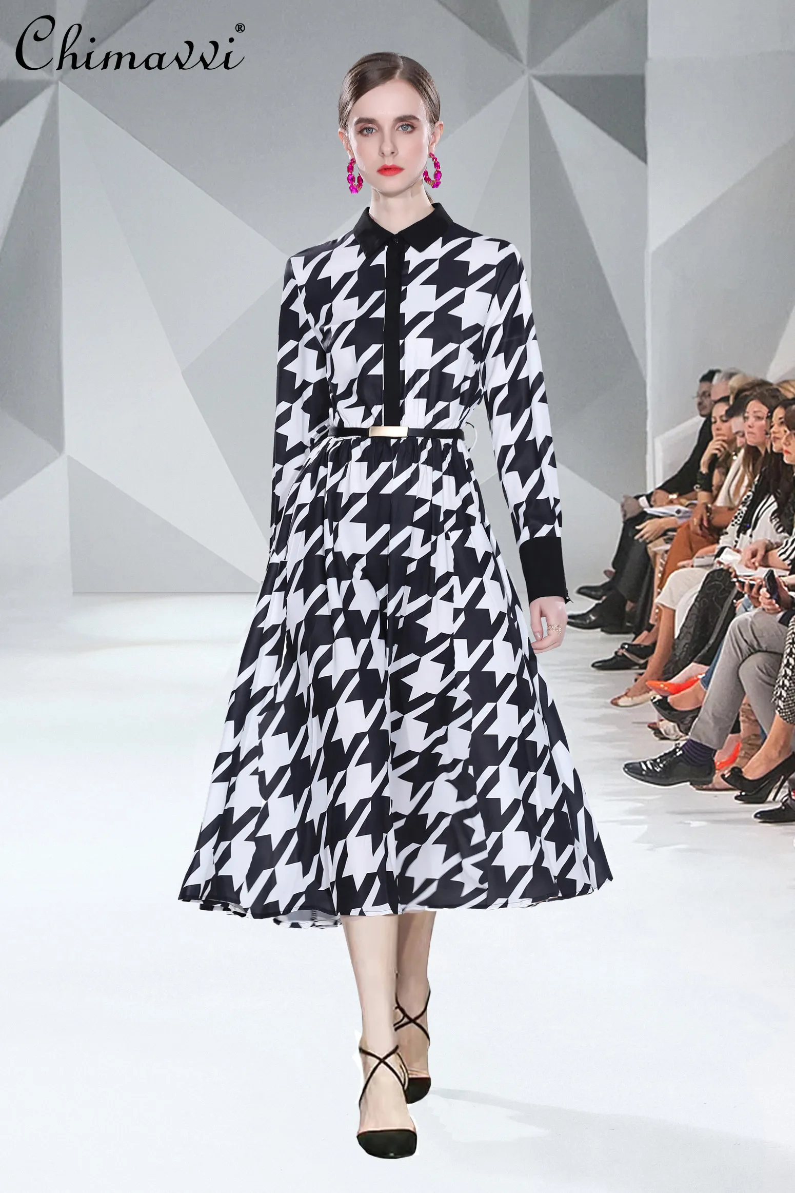 

Women's Winter Long Casual Dress 2022 New Fashion Printed Houndstooth Midi Dress Female High Waist Streetwear A Line Dress