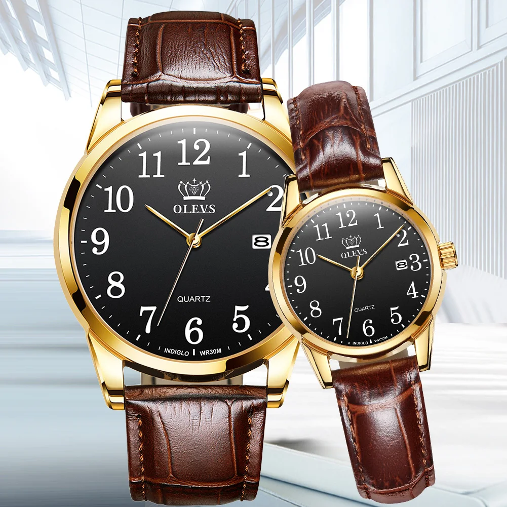 

Casual Leather Couple Watch Pair Men And Women Wristwatches Quartz Waterproof Lovers Watches Week Montre de couple With Date