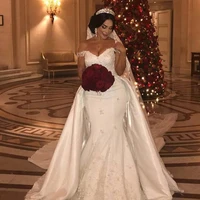 african elegant beaded lace wedding dresses with detachable train off shoulder applique mermaid bridal gowns