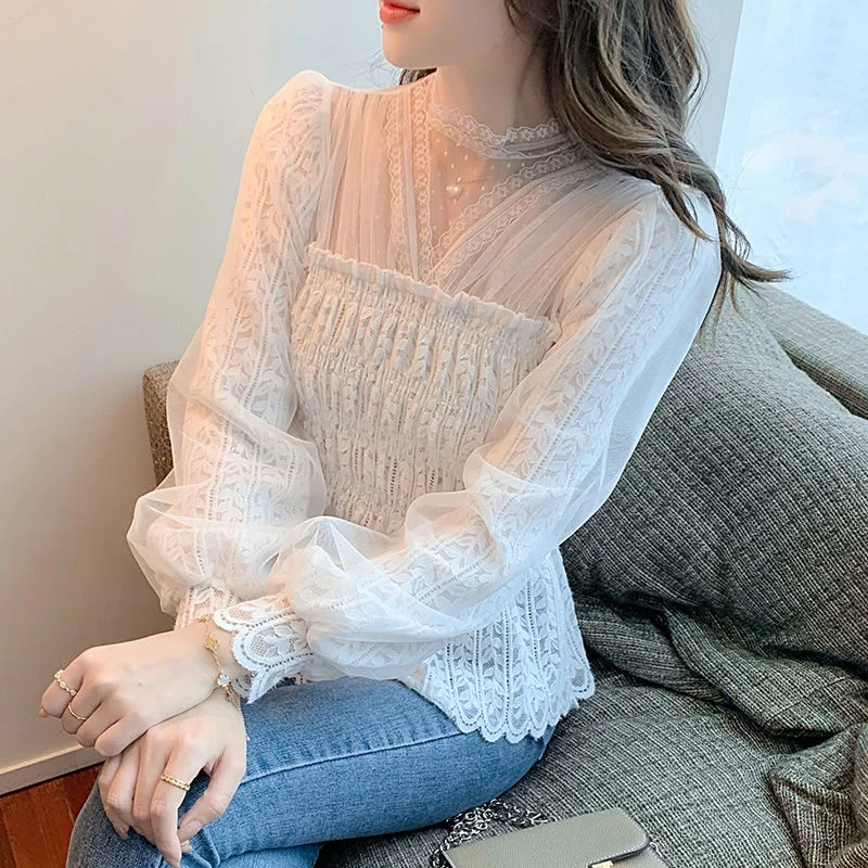 

2021 Fashion Tops Lace Elegant White Collared Designer Corset Shirt Womens Shirts Long Sleeve Sheer Blouse Crop Velvet Korean