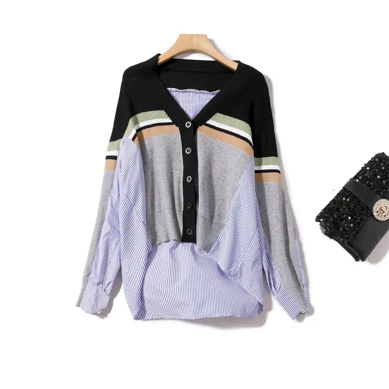 

Women Blouse Casual Cotton Office Lady Computer Knitted V-Neck Women Blouse Full Sleeve Cardigan Patchwork Striped Women Blouse