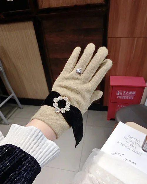 SP&ampCITY Rhinestone Buckle Tassels Cashmere Gloves For Phone Thick Keep Warm Women Winter Ring Mittens Fashion Ladies | Аксессуары для