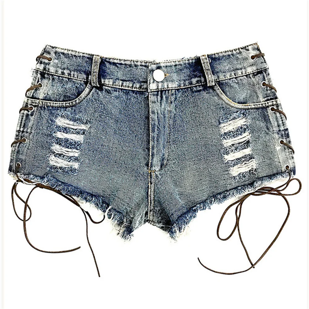 Fashion Women Summer Sexy Lace Up Shorts Jeans High Waist Thong Shorts Pole Dance Clubwear Push Up Skinny Denim Booty Shorts