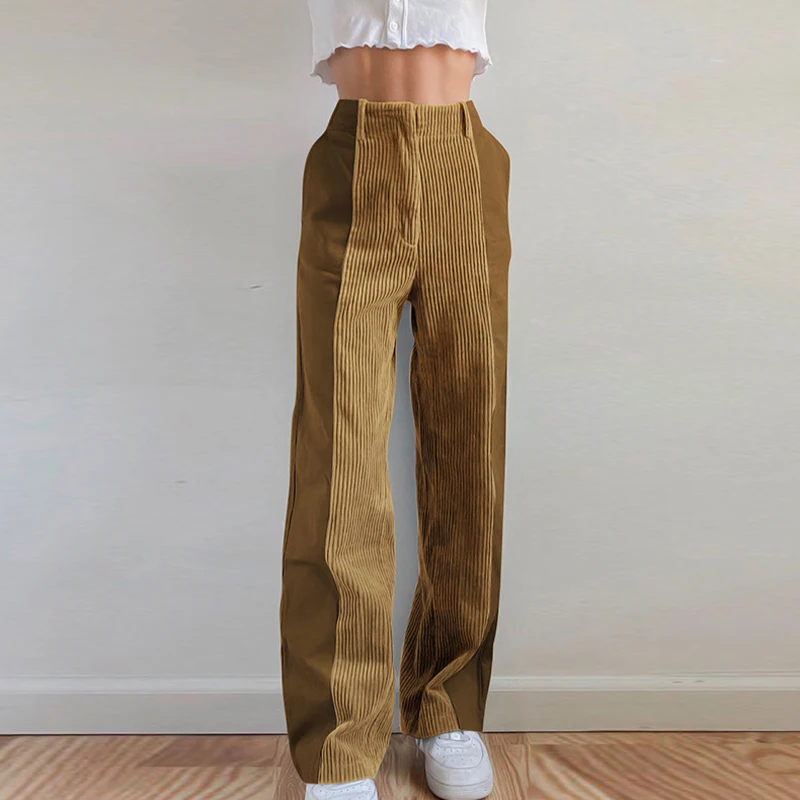 

Women Fashion High Waist Corduroy Pants Elegant Zipper Button Patchwork Long Pants Casual Straight Trousers Sweatpant Streetwear