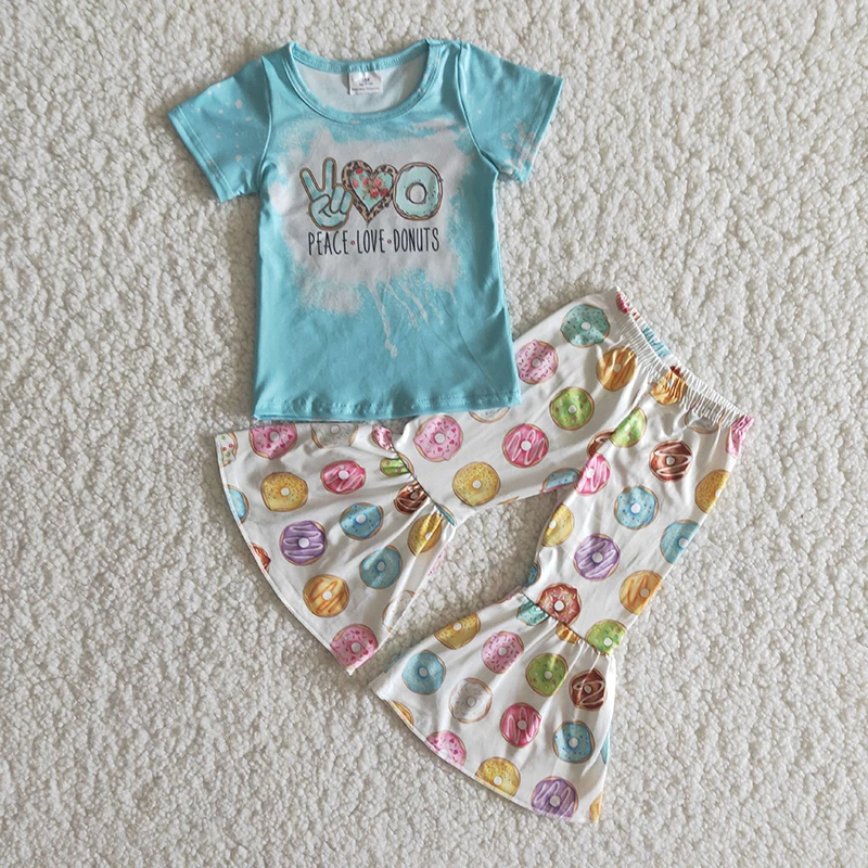 

Spring Infant Cute Girl Peace Love Short Sleeve T-Shirt Donuts Bell Bottom Fashion Baby Outfit Wholesale Boutique Clothes