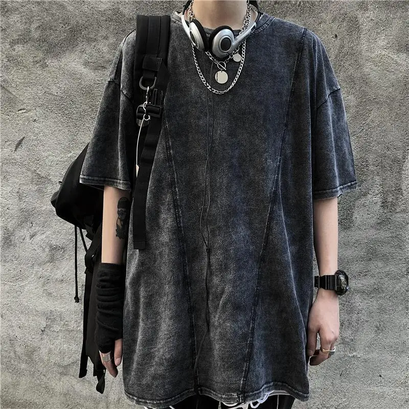 

Dark high street retro washed cotton short-sleeved sense of line male hip-hop half-sleeved T-shirt all-match loose top trend