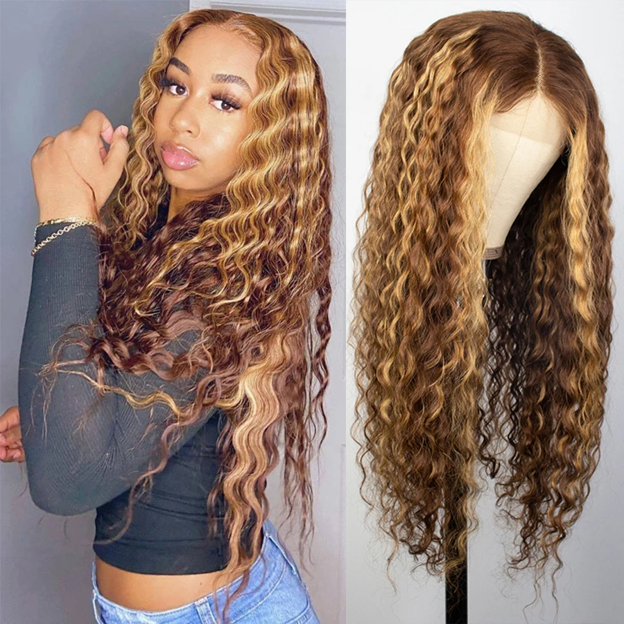 

Парик из кудрявых человеческих волос, медовая блондинка, Омбре, бразильский коричневый цвет, глубокая водная волна, HD прозрачный, 13x1, хайлай...