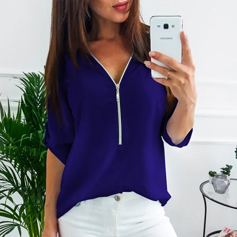 

Summer Women Short Sleeve Shirts Sexy V Neck Solid Color Zipper Tops Casual Tee Shirts Female Loose Blouses Clothes Plus Size