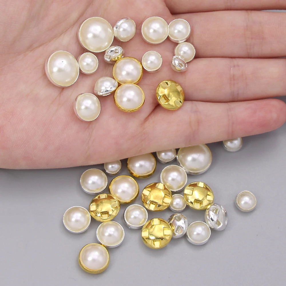100Pcs Round Pearl Buttons Sew For Clothes Sliver Gold Setting Metal Button Buckle Dresses 6/7/8/9/10/12MM | Дом и сад