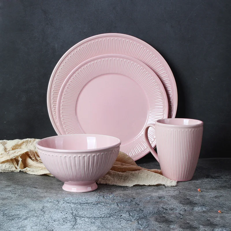 

Nordic ceramic tableware embossed soup bowl dish plate creative personality dish set pink household steak plate dinner dish