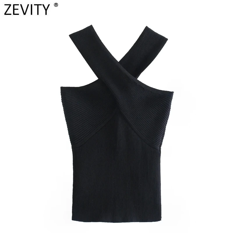 

Zevity New Women Chic Sexy Cross Strap Black Knitting Camis Tank High Street Ladies Summer Slim Crop Tops SW835