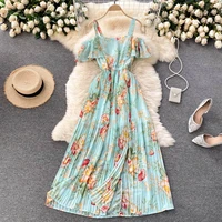 2021 new summer women sexy strap beach vacation dress sweet ruffles sleeve pleated hem floral chiffon long dress