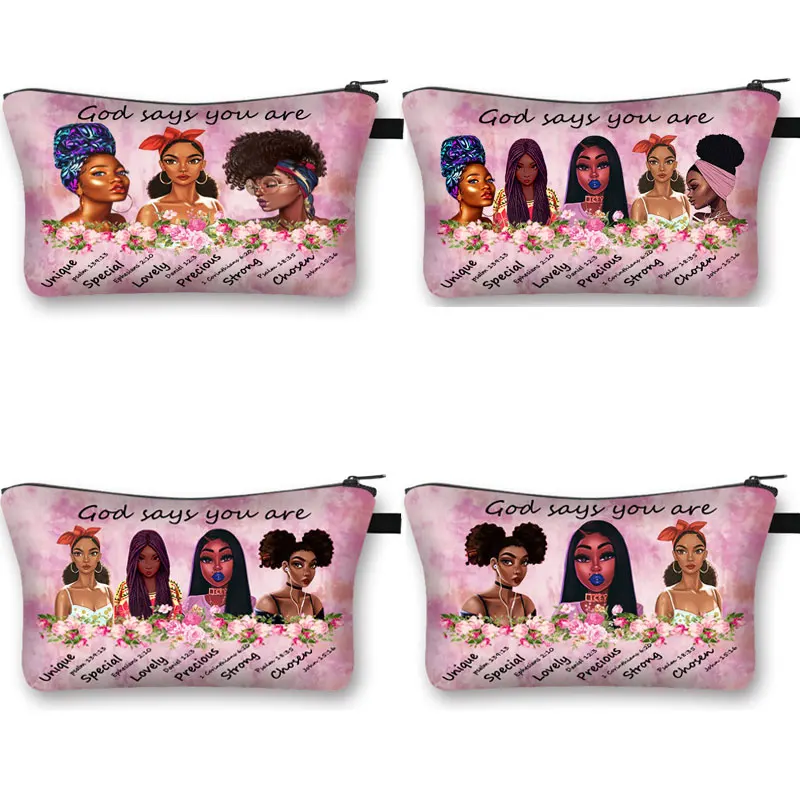 

Best Friends / God Says You Are Cosmetic Bag Cartoon Afro Women Portable Girls Fashion Makeup Bags Gift