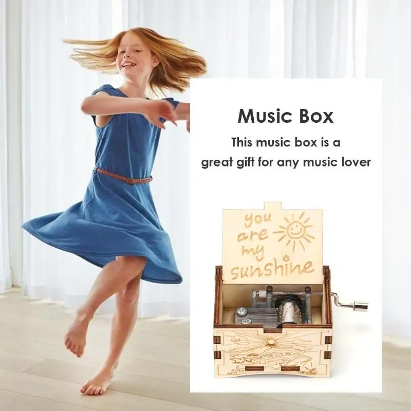 You Are My Sunshine Music Box Creative Engraving Pattern Wooden Hand Cranked Crafts for Birthday Retro Living Room Decoration | Дом и сад