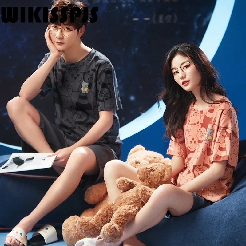 

Новинка лета 2022, пижама WIKISSPJS из чистого хлопка, модный домашний костюм для пары, комплект из двух предметов, летний пижамный комплект для спальни для женщин