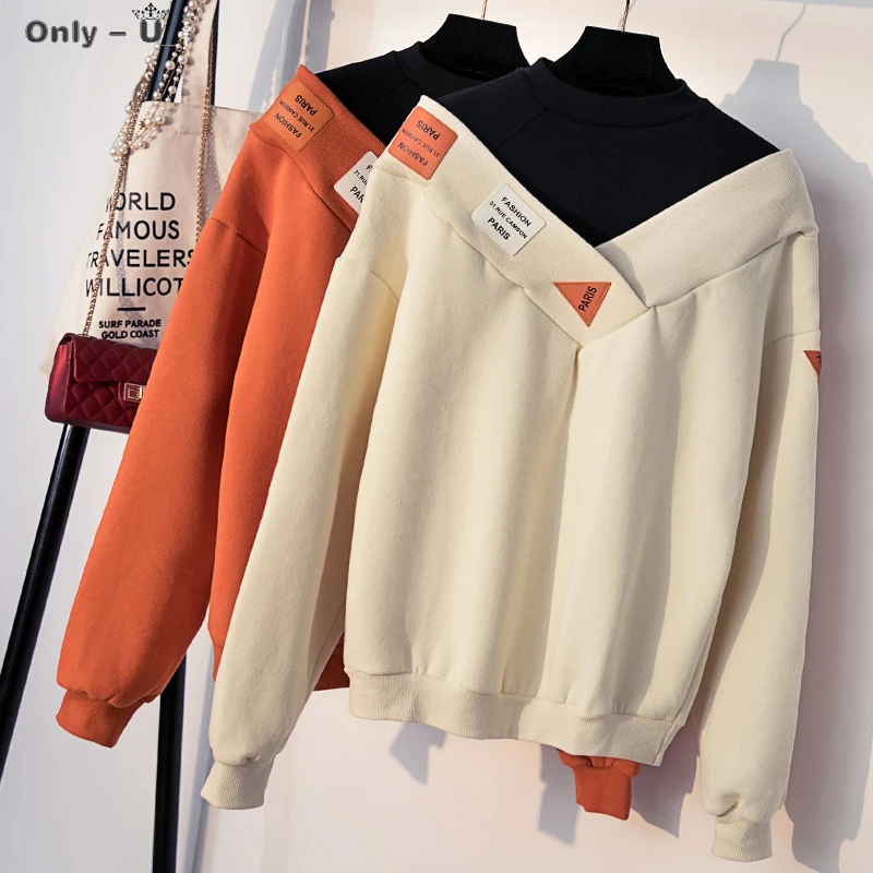 

Plus Size Sweatshirt Women's Hoodies Pullover Autumn Winter Fake Two Piece Orange Sweatshirt Loose Oversize Outerwear Pullover