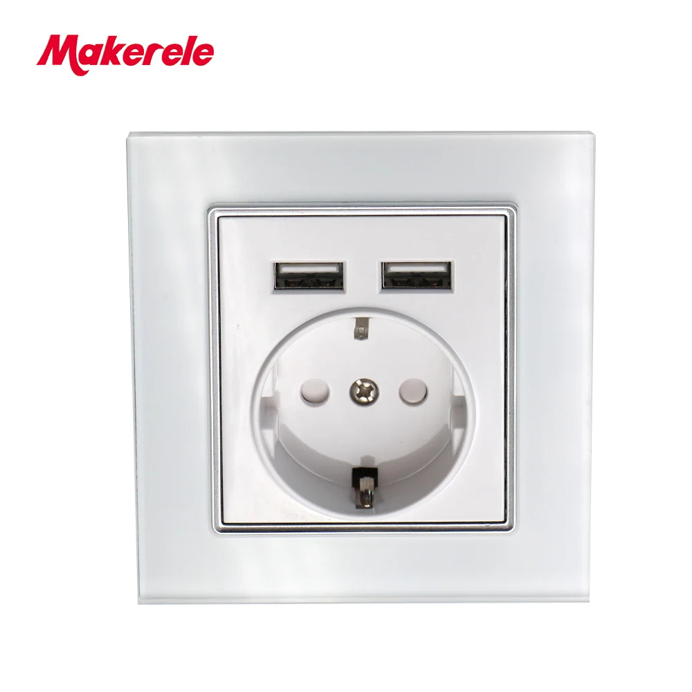 Makerele Wall Power Outlet Glass Panel 16A EU Standard Socket with 2100mA Dual USB three colors | Обустройство дома