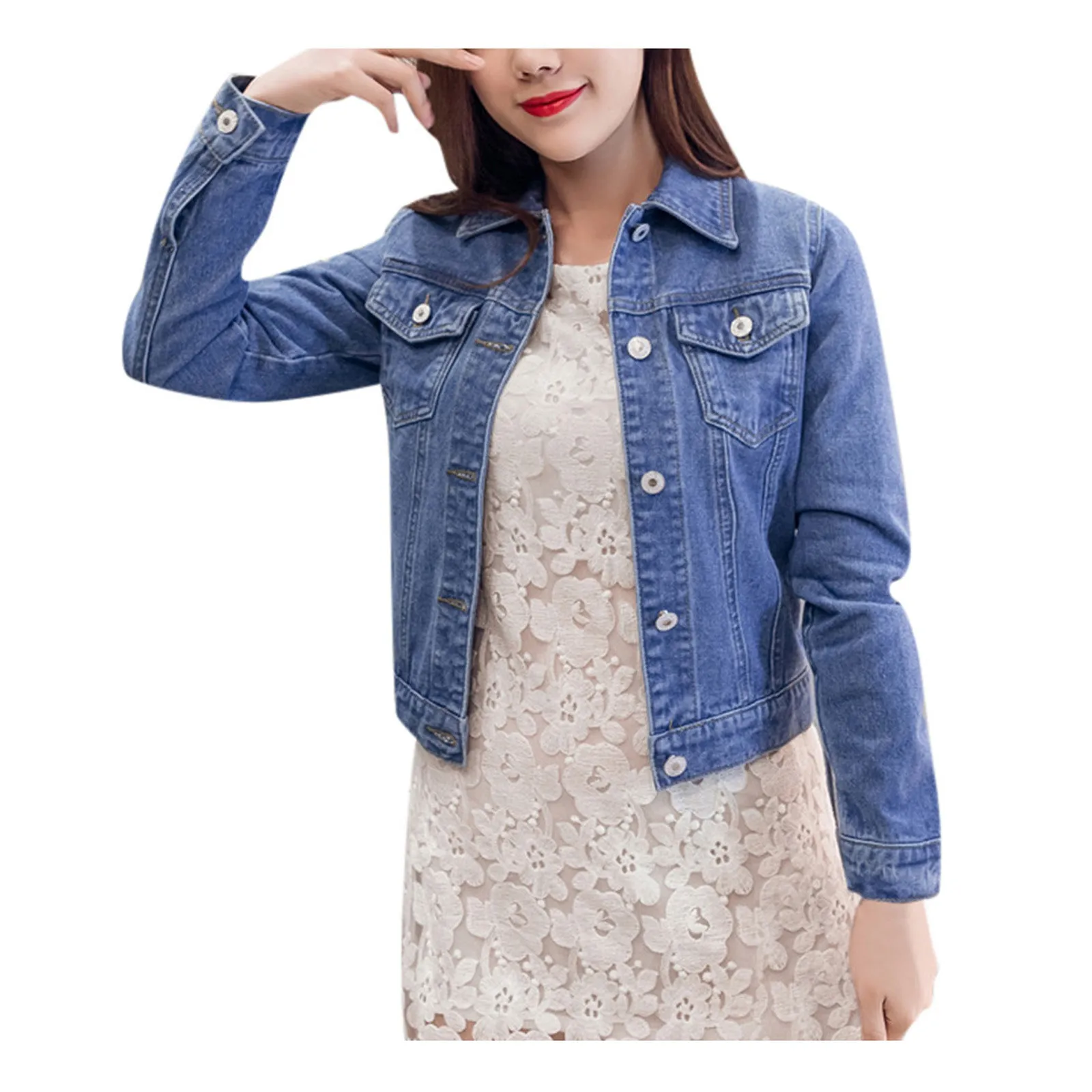 Женская джинсовая куртка короткая однобортная из денима на осень 2021 |