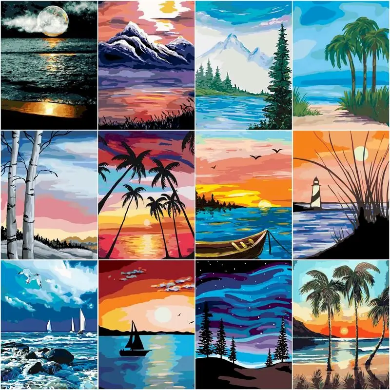 

GATYZTORY Mountains And Rivers On Beach Scenery Painting By Numbers For Adults 60x75cm Framed Diy Gift Acrylic Canvas Home Wall