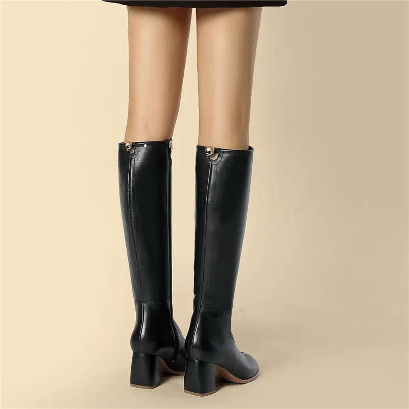 

Meotina Winter Knee High Boots Women Natural Genuine Leather Chunky High Heel Long Boots Zipper Round Toe Shoes Lady Size 34-39