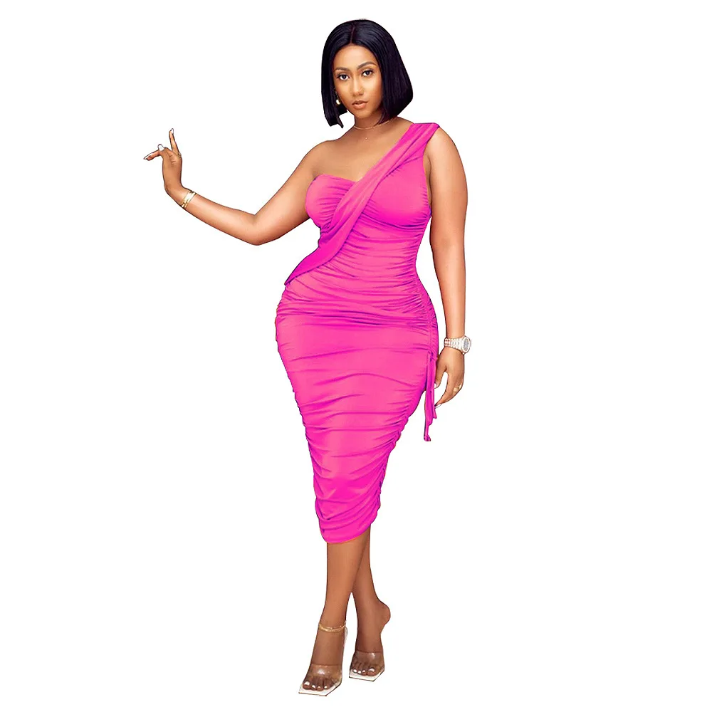 

RStylish Drawstring One Shoulder Midi Dress Sexy Loose Vacation Outfits for 2021 Fashion Women Lounge Wear Summer Trendy Clothes