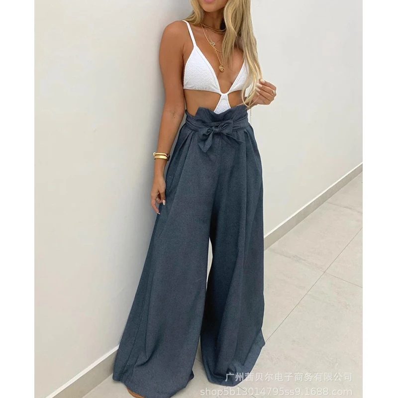 

WEPBEL Solid Color Trousers Women's Casual Loose Bow Trousers Summer Fashion High Waist Lace-up Bandage Wide Leg Pants